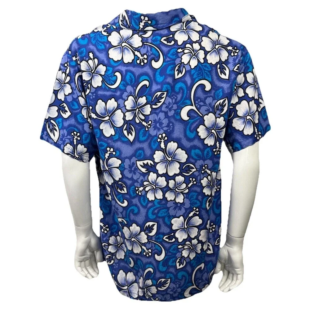 Vintage Hawaiian‎ Shirt Banana Split XL Hibiscus Floral Blue White Rayon Aloha